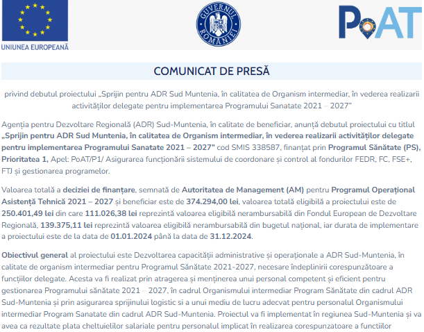 Anunț de presă privind debutul proiectului „Sprijin pentru ADR Sud Muntenia, în calitatea de Organism intermediar, în vederea realizarii activităților delegate pentru implementarea Programului Sanatate 2021 – 2027”